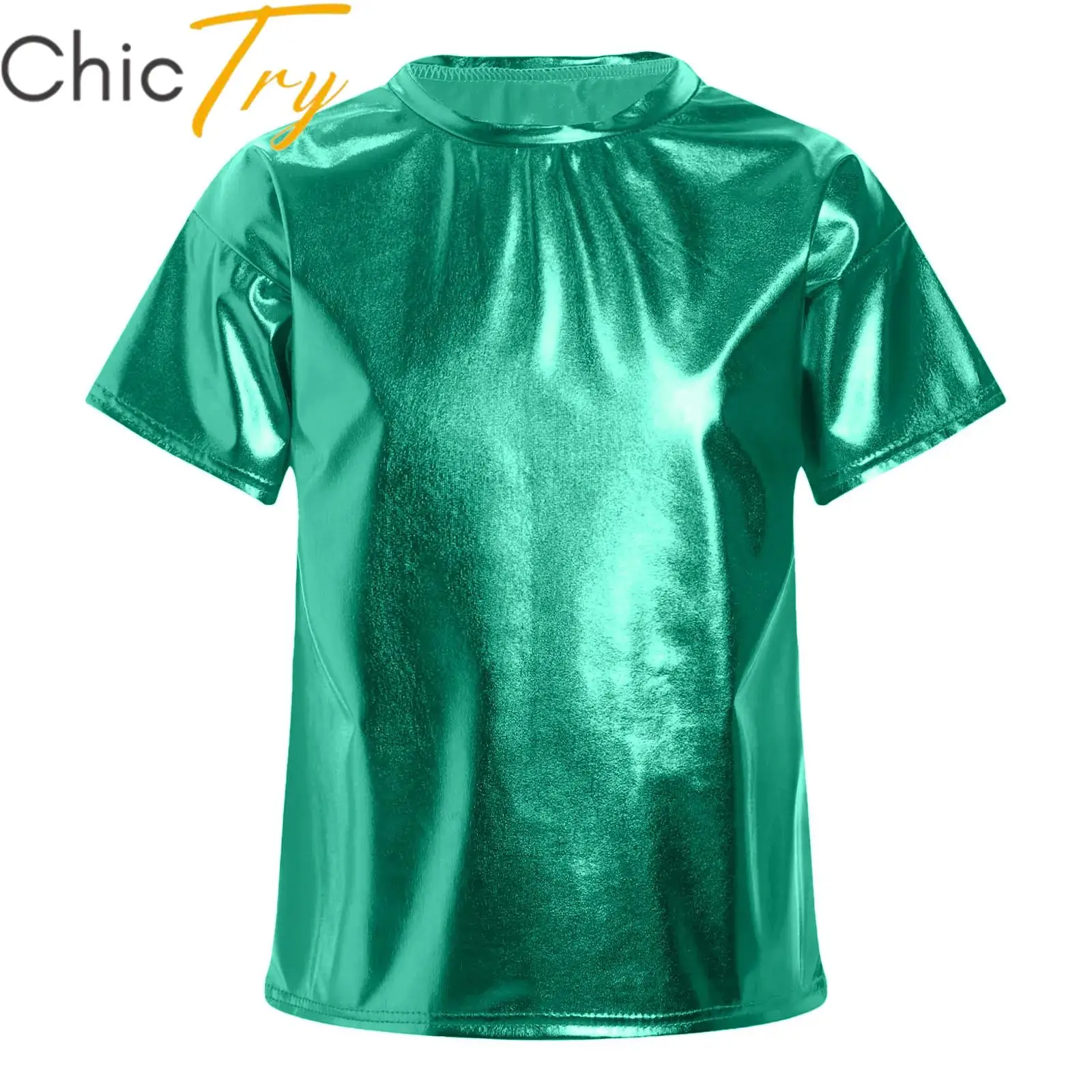 Kids Dance Tops Kids Girls Boys T Shirt Jazz Dance Tops Metallic Shiny Short Sleeve Round Neck Modern Jazz Party Stage Performance Top Dancewear