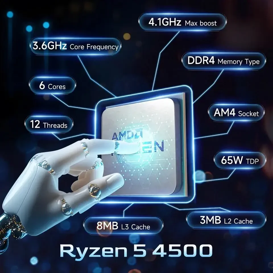AMD 라이젠 5 4500 네이키드 패키징 소켓 AM4 6코어 12스레드 L3=8MB DDR4 프로세서 65W PCIe 3.0 7NM 새 CPU (팬 미포함)