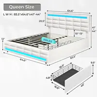 Queen Bed Frame with Drawers, LED Bed Frame with Charging Station, Pu Leather Platform Bed Frame Queen Size with Storage, White 2