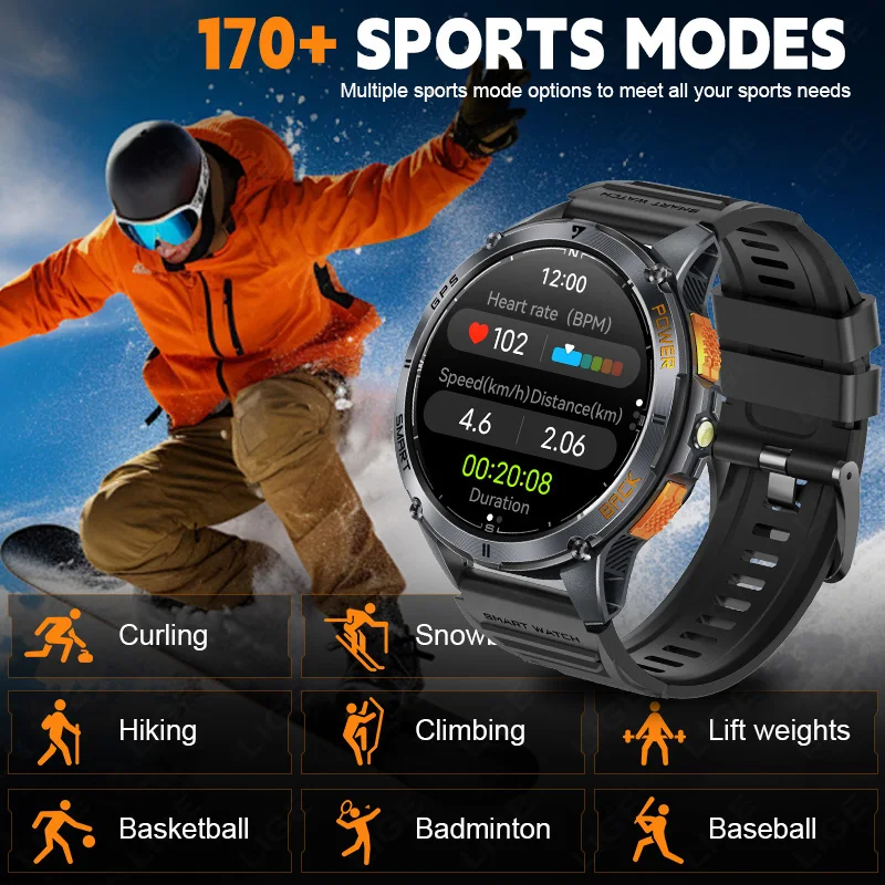 LIGE GPS Smart Watch Men 1.43'' AMOLED Screen LED Flashlight Outdoor Compass Sports Health Monitoring Bluetooth Call Smartwatch