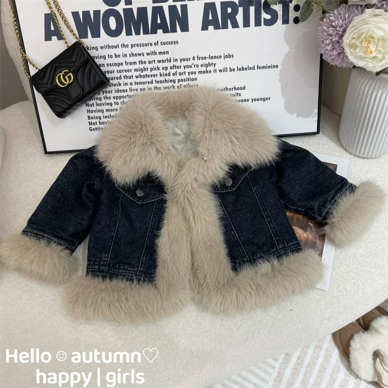 

Girls Coat Jacket Winter Cotton Windbreak 2023 Furs Jean Warm Plus Thicken Furs Overcoat Teenagers Formal Children's Clothing