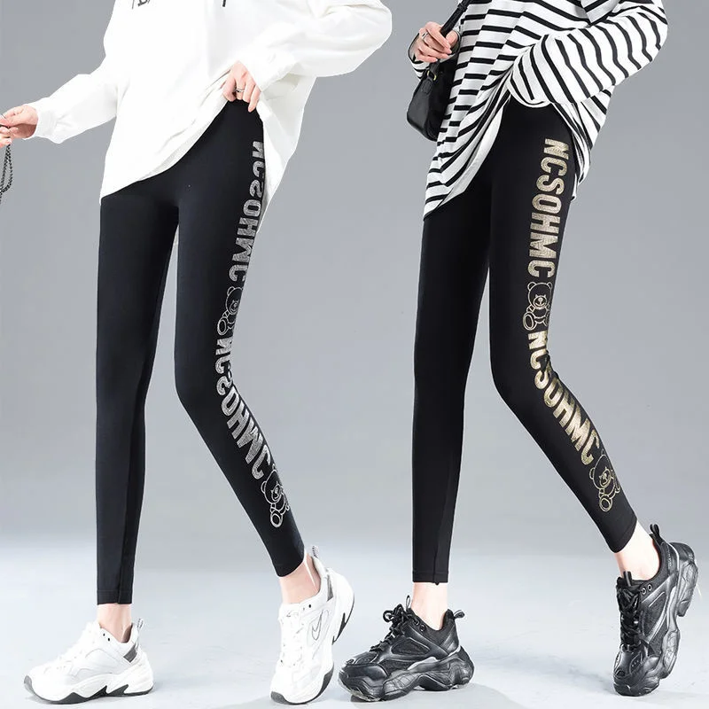 Black Gold Letter Bear Sequin Women's Leggings Pants High Waist Elastic Black Bottoms Pencil Trousers