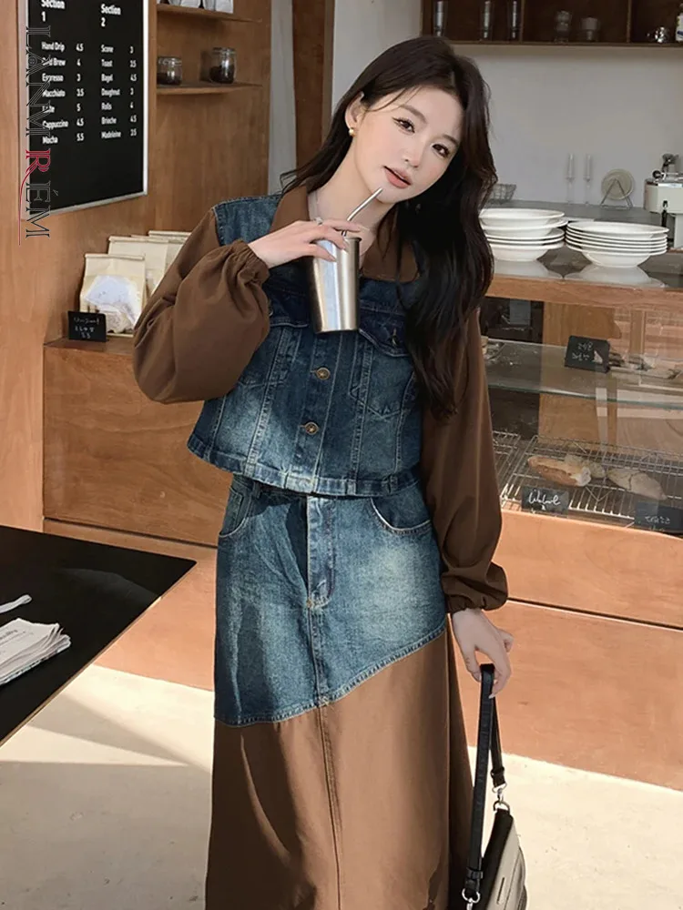 

LANMREM 2 Pieces Set Patchwork Denim Jacket Long Irregular Stitching Skirts Female Fashion Streetwear Clothing 2024 New 2DA4149