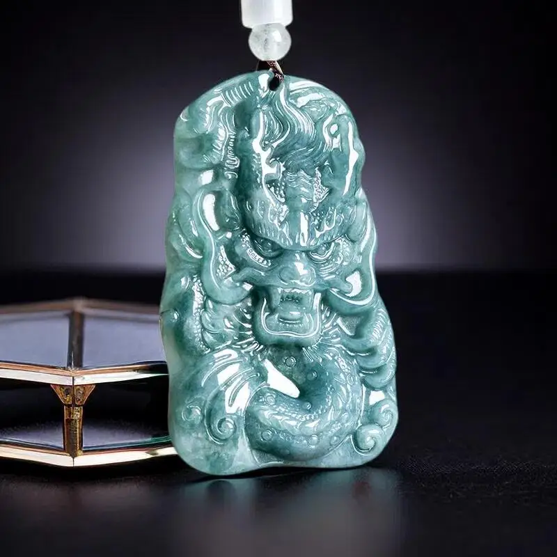 

Blue Myanmar Jadeite Dragon Pendant Necklace Talismans Gifts for Women Carved Natural Burmese Jade Charm Man Stone Real Jewelry