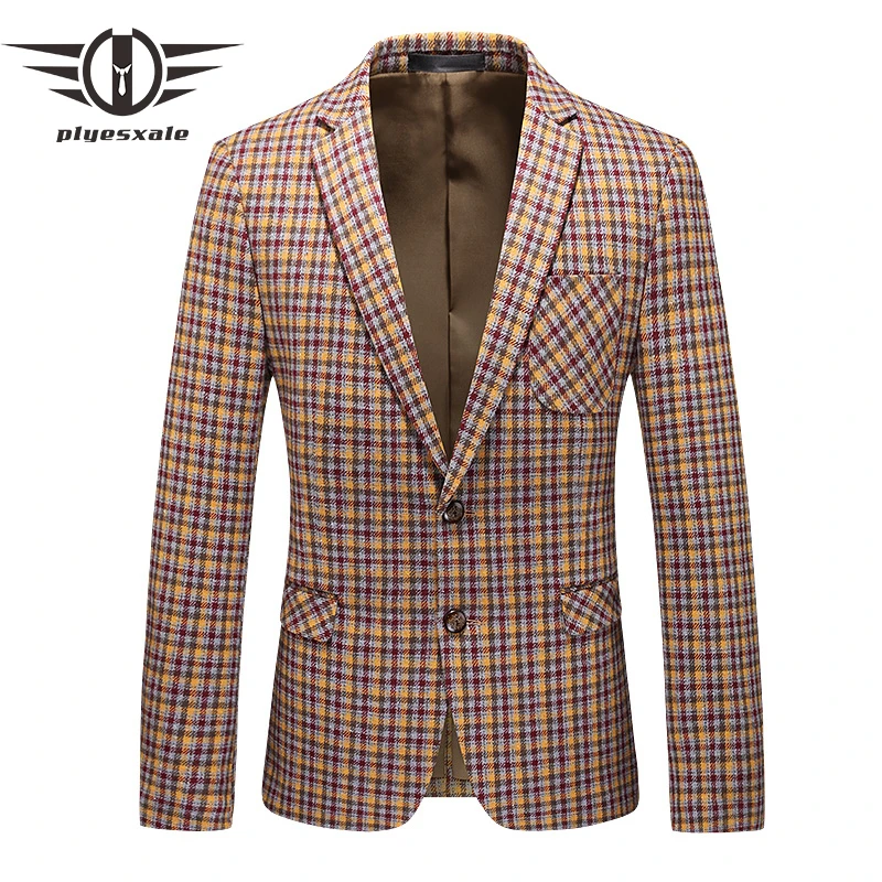 

Plyesxale Fashion Men Plaid Blazer Jacket Slim Fit Blazer Casual Masculino 5XL 6XL Men's Prom Party Blazers Luxury Brand Q926