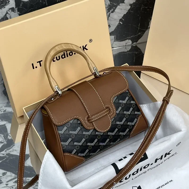 

Luxury Brand High-quality Dog Tooth Saigon Wooden Handbag Fashionable and Versatile Street Single Shoulder Diagonal Cross Bag