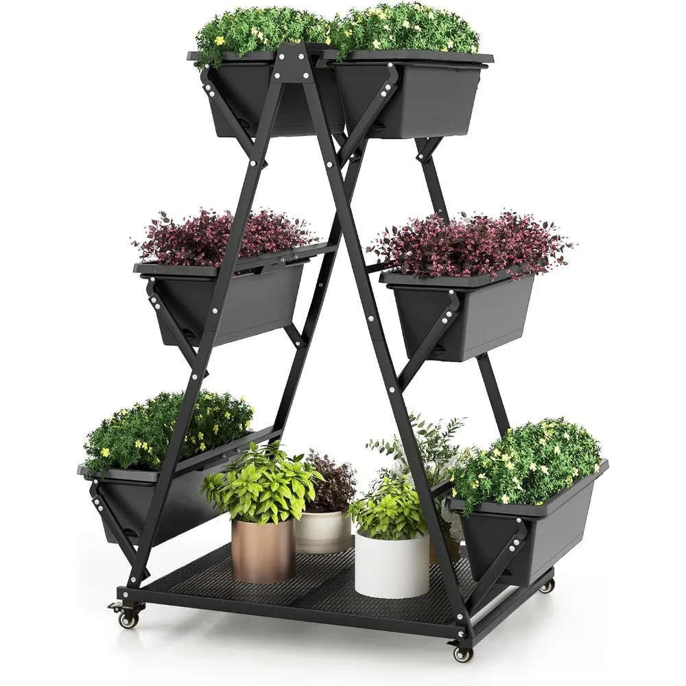 Plant Stand. 6-Tier Rolling Raised Garden Bed, Vertical Planter Stand on Wheels with 6 Garden Boxes, Storage Shelf