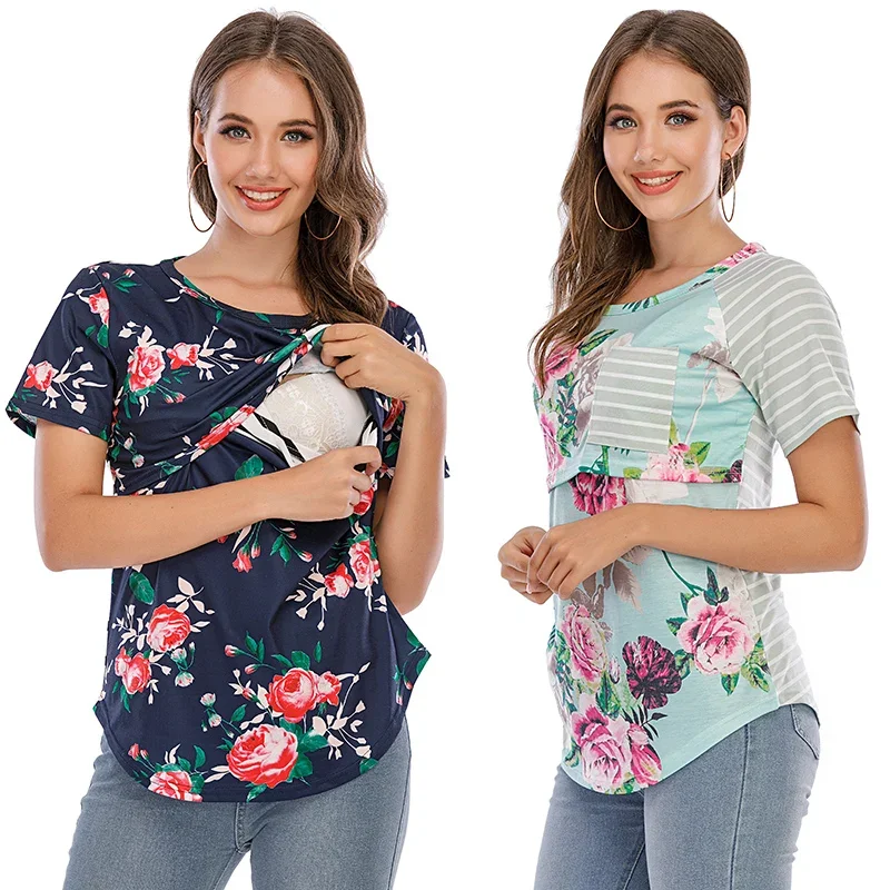 Casual Womens Pregnant Maternity Clothes Nursing Tops Breastfeeding T-Shirt Pregnancy Striped Short Sleeve Shirt t shirt maternity breastfeeding blouse
