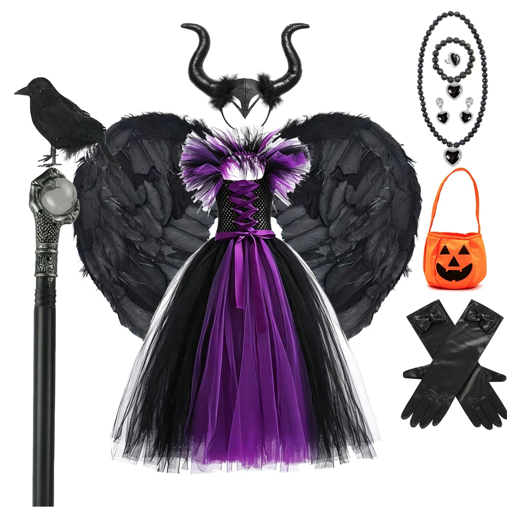 Halloween Costumes Gothic Witch Costume Kids for Girls Purple Black Kids Carnival Dark Themed Party Fantasy Tulle Tutu Dress