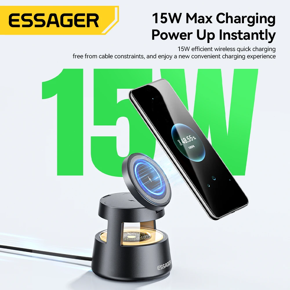 Essager 4 in 1 Magnetic Wireless Charger Stand for iPhone 16 15 14 13 12 Apple Watch 9 8 Airpods Pro 15W Fast Charging Station