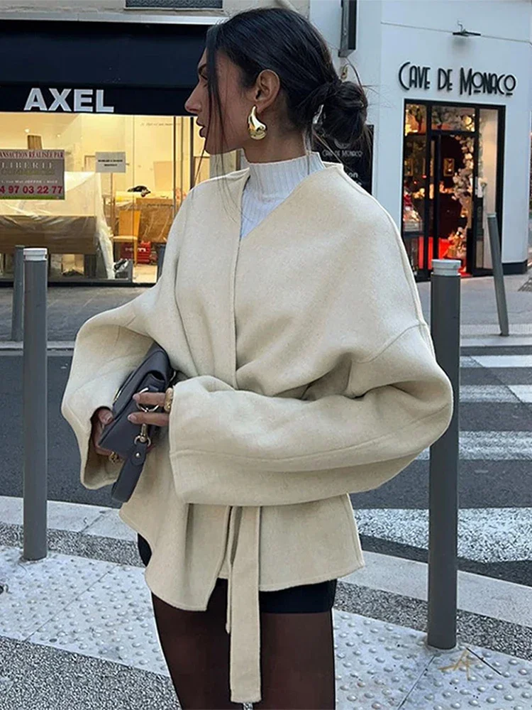 Fashion Solid Lace Up Fleece Coat  Belt For Women Elegant V-neck Long Sleeve Jacket 2024 Autumn Winter New Lady Street Outerwear 2