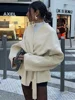 Fashion Solid Lace Up Fleece Coat  Belt For Women Elegant V-neck Long Sleeve Jacket 2024 Autumn Winter New Lady Street Outerwear 2