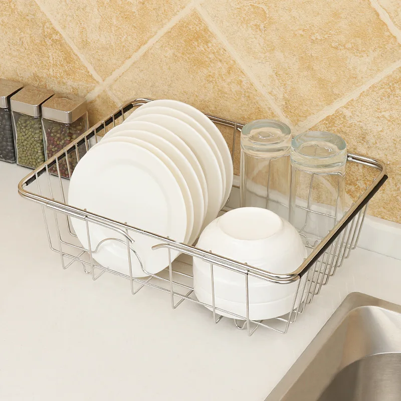 Adjustable Stainless Steel Sink Dish Plate Drain Rack Expandable Drying Basket Fruit Bowl Drainer Holder Kitchen Storage