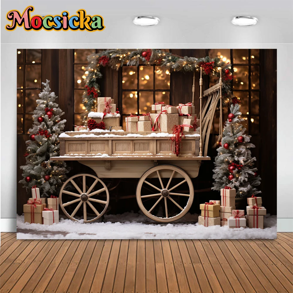 

Mocsicka Studio Photography Background Christmas Night Gift Wooden Cart Decor Shop Front Snow Prop Backdrop Xmas Tree Photozone