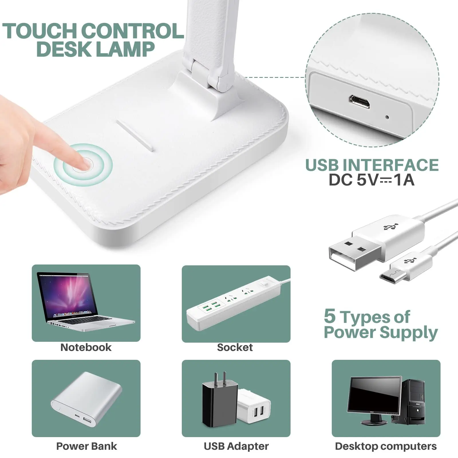 터치 컨트롤이 있는 LED 책상 램프, 방 공부 독서등, 깜박임 없음, 5V USB 테이블 램프, 사무실 및 가정용 접이식 눈 관리