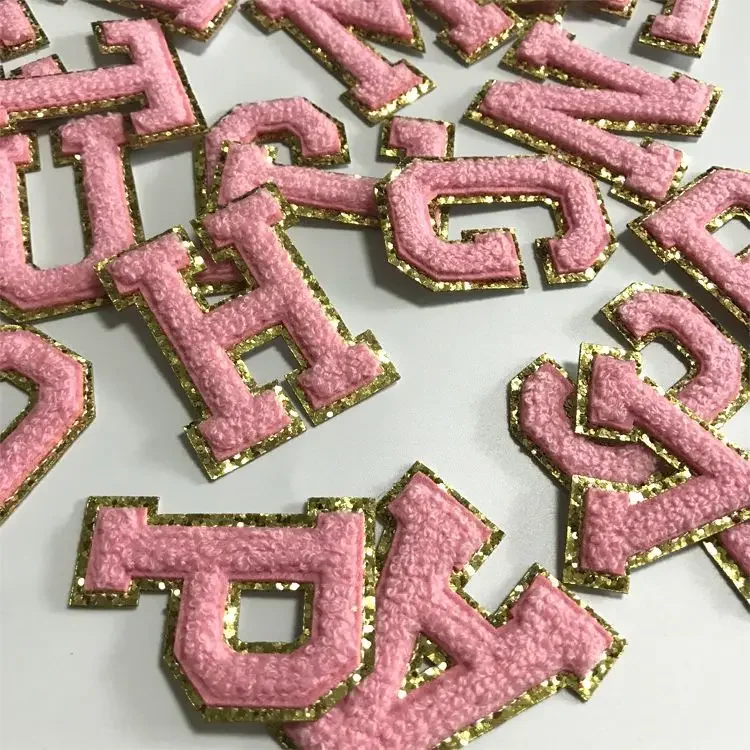 5.5CM celý růžová žinylkové dopis patche žehlička na ručník vyšívané flauš abeceda glittery flitr horko lepidlo DIY