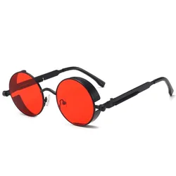 Vintage Round Steampunk Metal Frame Sunglasses (Black Red)