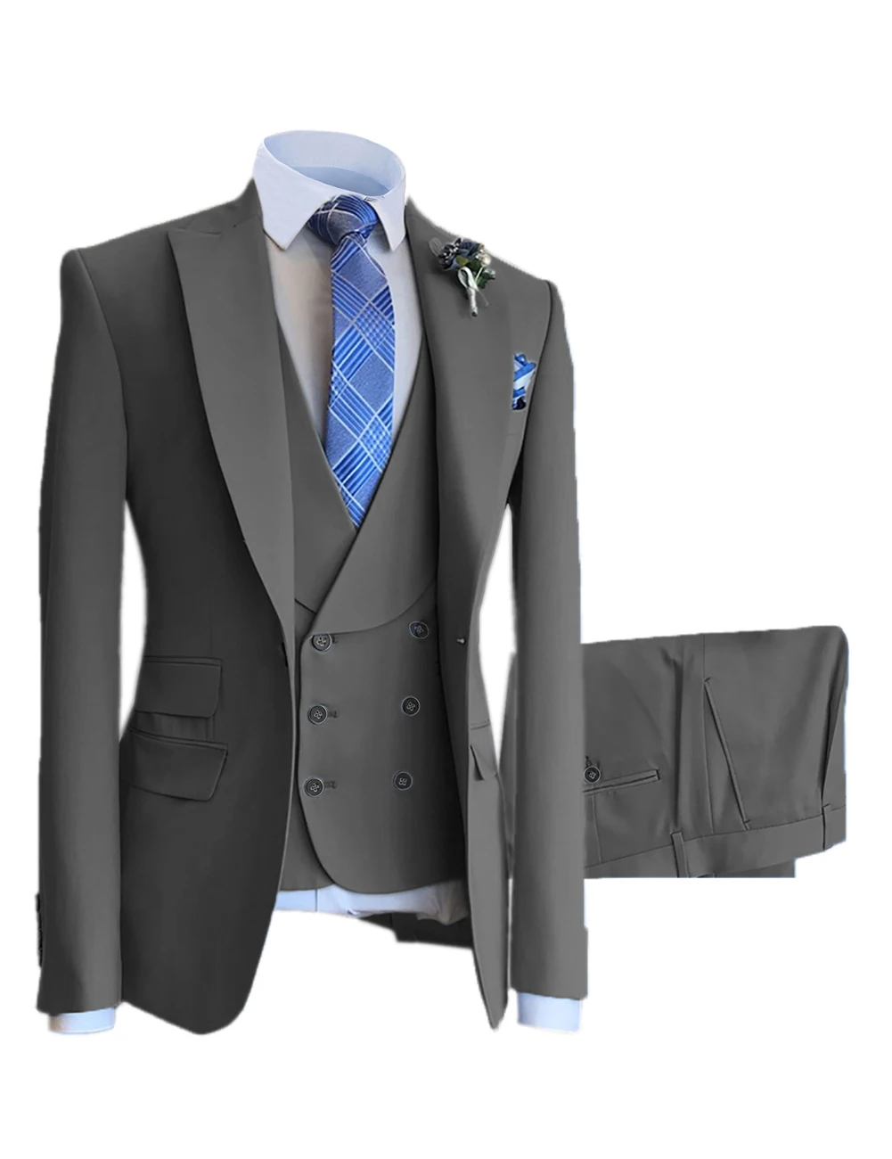 Men Suits Slim Fit Shawl Lapel Wool Tweed Prom Grey Formal Tuxedos Wedding Groomsmen Brown 3 Pieces (Blazer+Vest+Pants)