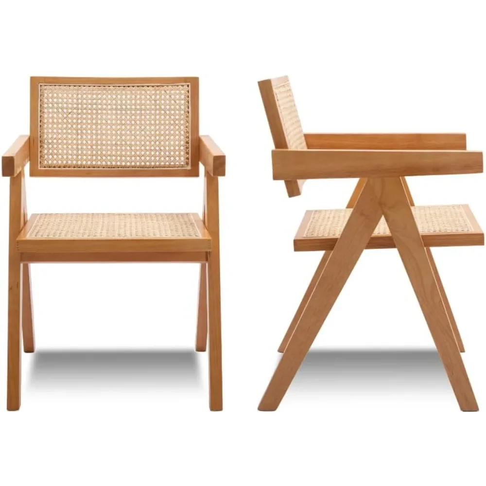 Rattan Dining Chairs, Modern Mid Century Wicker Armchair Comfy Side Chair Solid Wood Boho Kitchen Chairs