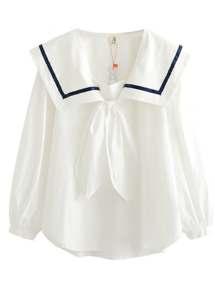 

High Quality 100% Cotton White Blouse JK Style Summer Women Tops Long Sleeve Sailor Collar Shirt Preppy Girls Big Bow Tie Top