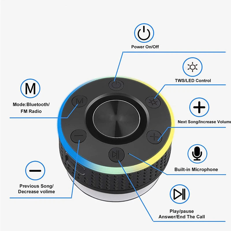 Mini Bluetooth Speaker IPX7 Waterproof Bathroom Music Speaker Suction Cup Handsfree Shower Music Palyer Bass Sound Box FM Radio