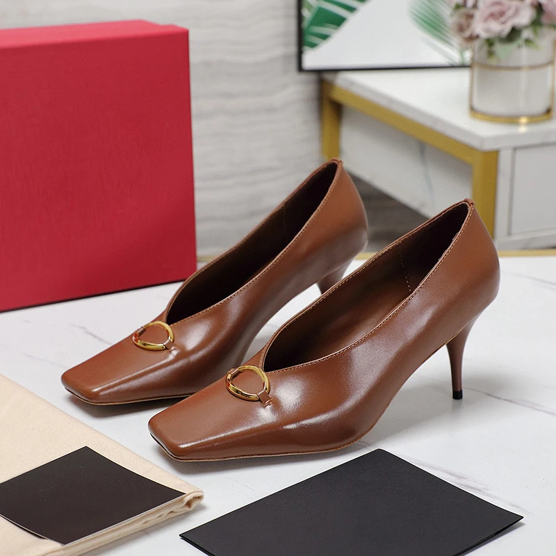 

Summer New Banquet Women's Pumps Metal Circle Decor Temperament Female High Heels Real Leather Material Square Head Single Shoes