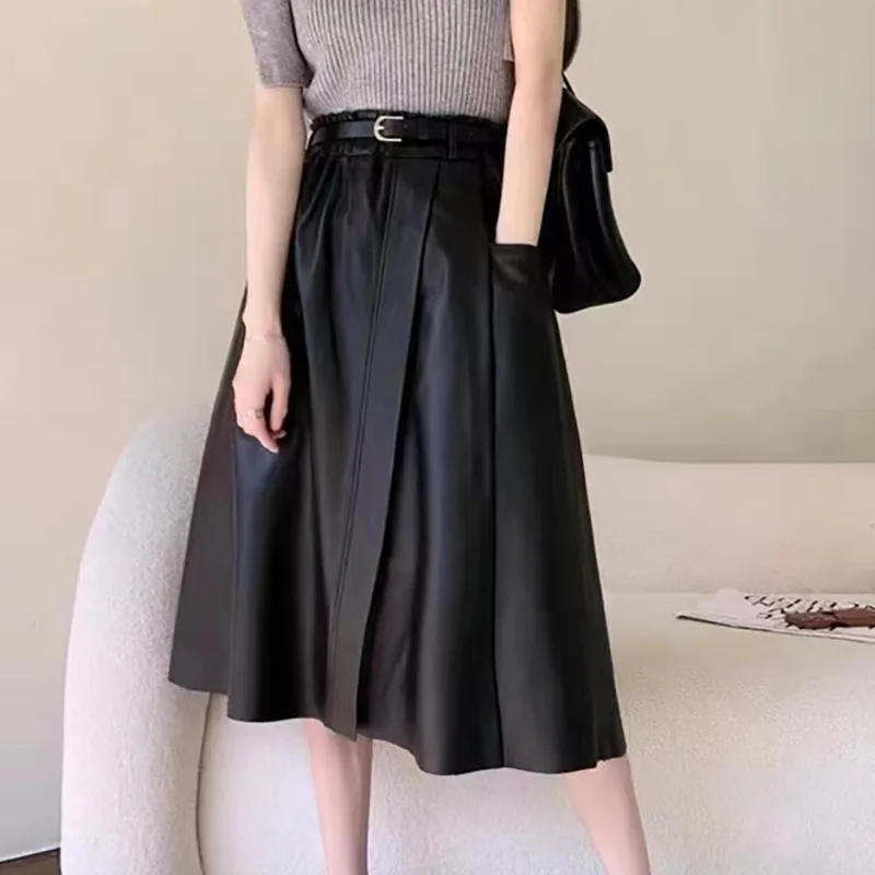 2023 Women New Ruffled Elastic Belt Simple Genuine Leather Skirt High Waist Real Sheepskin Leather Skirt E12