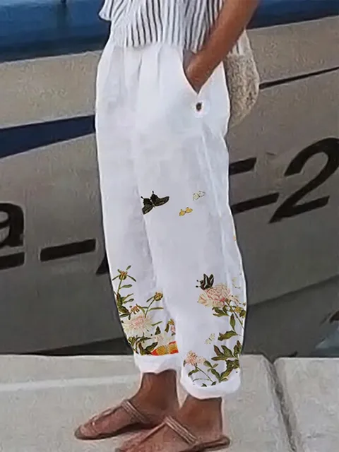 Pantaloni da donna in lino di cotone di nuova moda Pantaloni larghi in vita elastica in vita Pantaloni da lavoro casual primavera estate 1