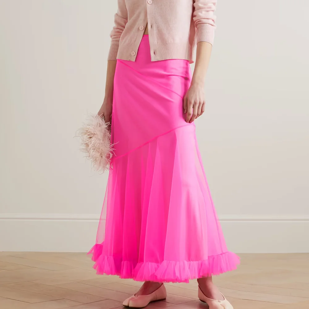 

High Waist A-line Hot Pink Tulle Skirt See Through Ankle Length Party Skirts Custom Made Color Woman Clothes Ever Pretty