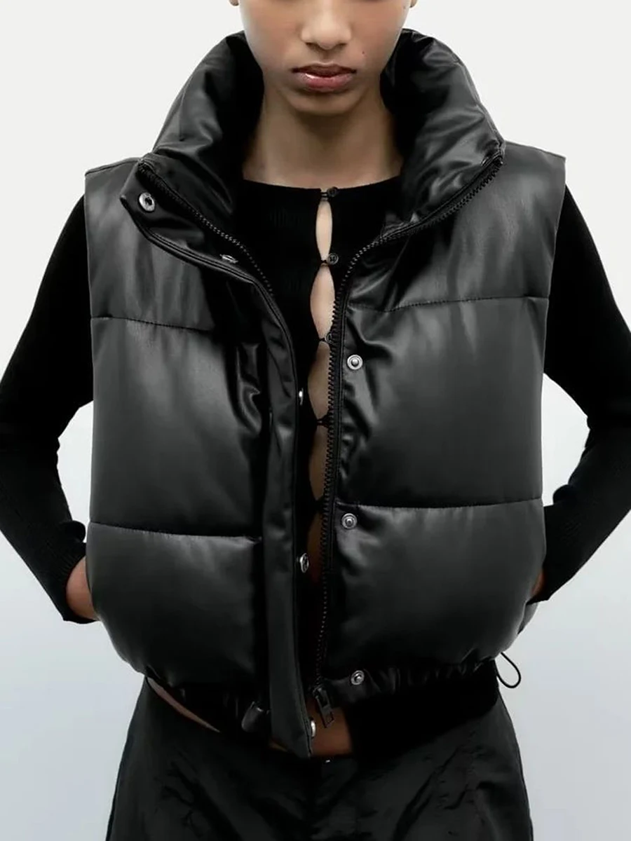 

Womens PU Leather Puffy Vest Lightweight Down Black Jacket Coat Winter Outwear Puffer Vest Female Sleeveless Padded Jacket