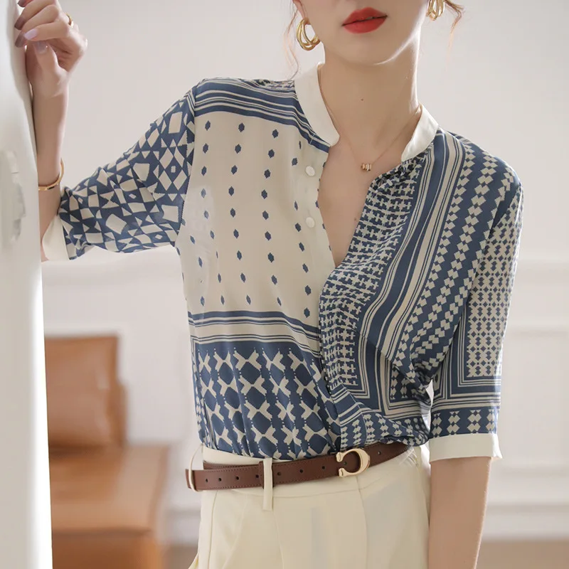 Summer Women\'s Blouse Chiffon O-neck Standing Collar Printed Office Lady Shirts Vintage Half Sleeve Tops Female Clothing