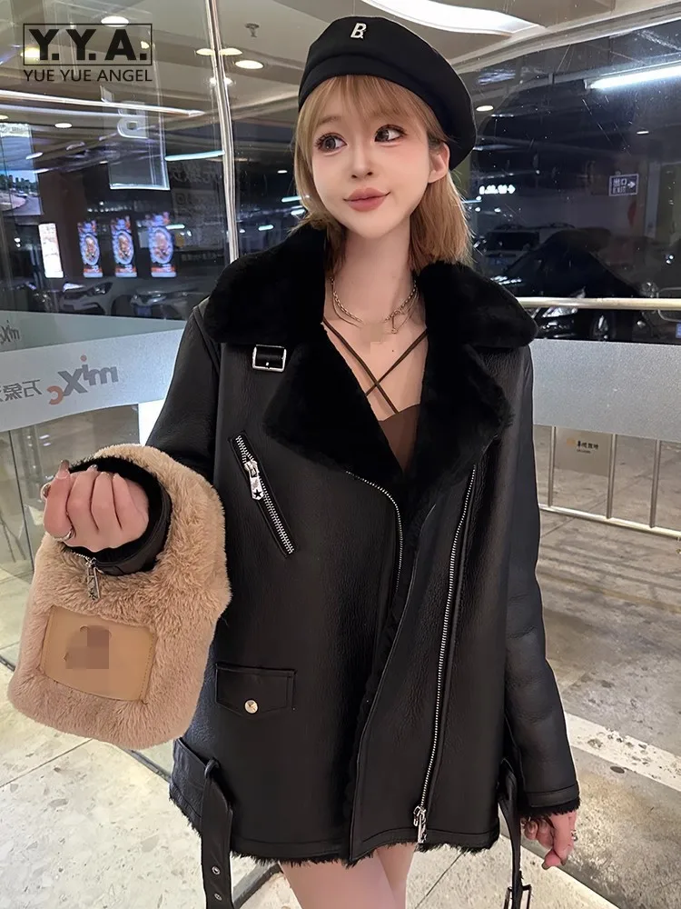 

Winter Women Genuine Leather Real Fur Motorcycle Jacket Thicken Warm Zipper Lapel Punk Sheepskin Wool Fur Shearling Coat Female