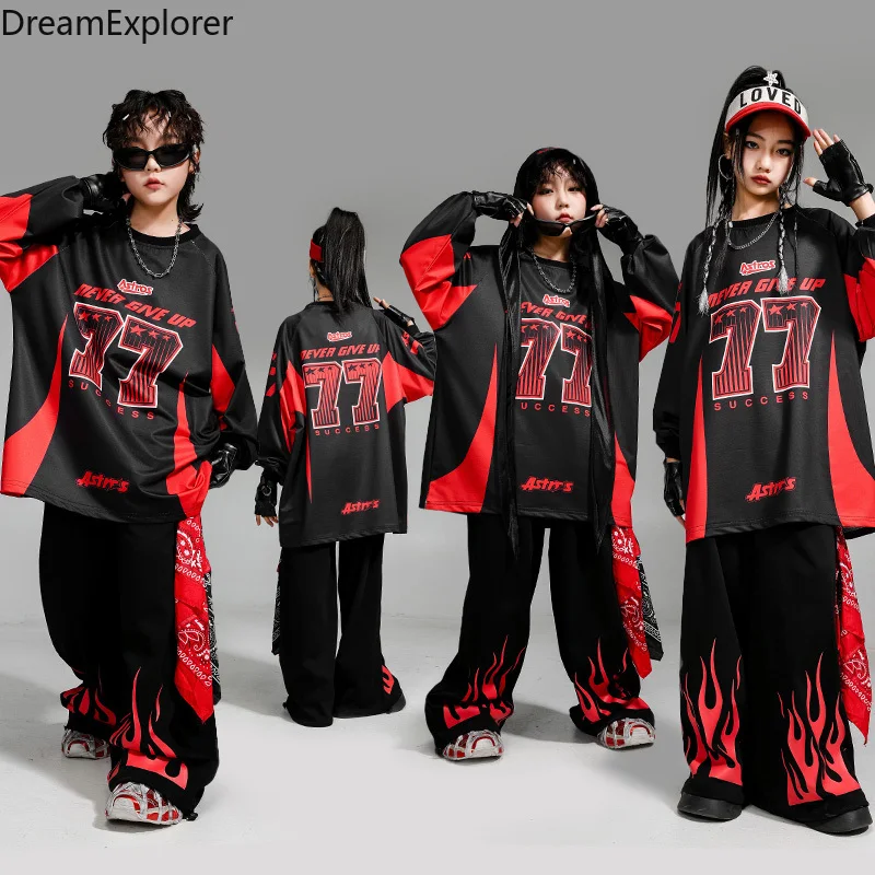 Boys Hip Hop Contrast Sweatshirt Fire Joggers Pants Girls K-pop Street Dance Costumes Kids Jazz Clothes Sets Children Streetwear 4