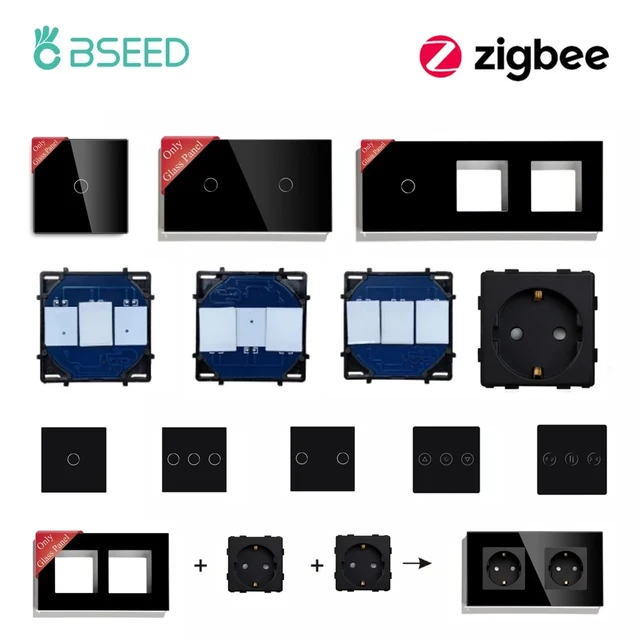 BSEED Zigbee 1/2/3Gang สมาร์ทสวิทช์สัมผัสแผงกระจก EU Wall SOCKET กรอบฟังก์ชั่น DIY อะไหล่ Tuya Smart Life APP Control 1