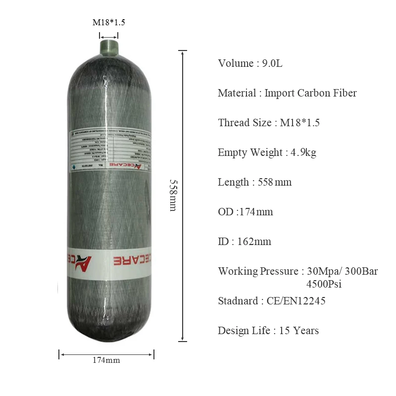 AC1090 Acecare 9L Carbon Fiber Cylinder 4500Psi 300Bar Scuba Tank High Pressure Diving Bottle Firesafety Firefighting