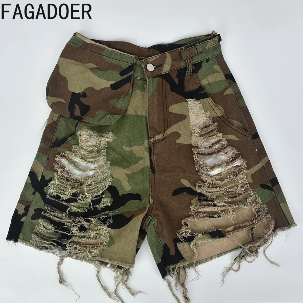 FAGADOER Fashion Streetwear Women Camouflage Printing Hole Shorts Casual High Waisted Button Pocket Tassels Shorts Bottoms 2023