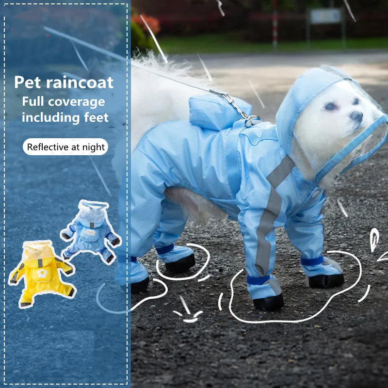 

Dog Raincoat Waterproof Coverage 4 Legs Full Body Protection Cover Dogs Hooded Jacket Pet Rain Coat Night Reflection