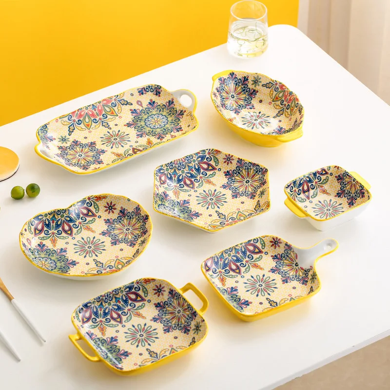 Yellow Kit Underglaze color ceramic tableware Bohemian Bowl plate set Rice bowl soup noodle Large bowl household fish plate dish