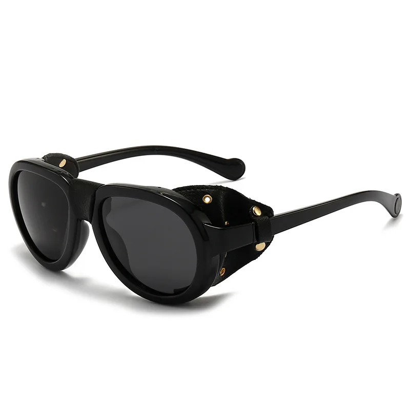 Luxury Oversized Round Steampunk Polarized Sunglasses with Leather Trim