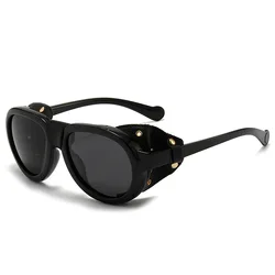 Luxury Oversized Round Steampunk Polarized Sunglasses with Leather Trim (Black)