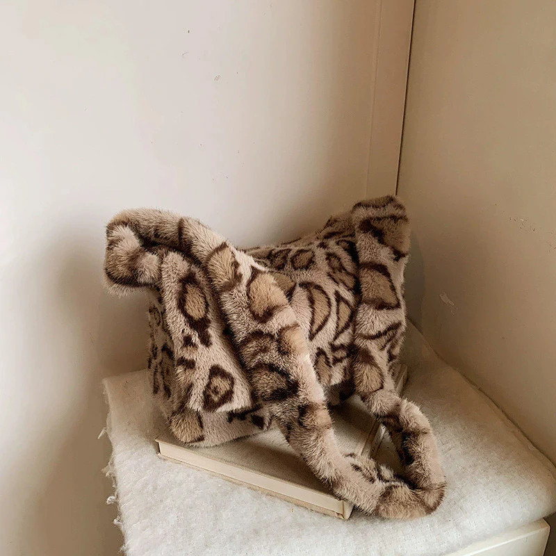 Faux Fur Leopard Print Messenger Bags for Women Vintage Soft Plush Ladies Shoulder Bag Large Capacity Female Furry Handbags