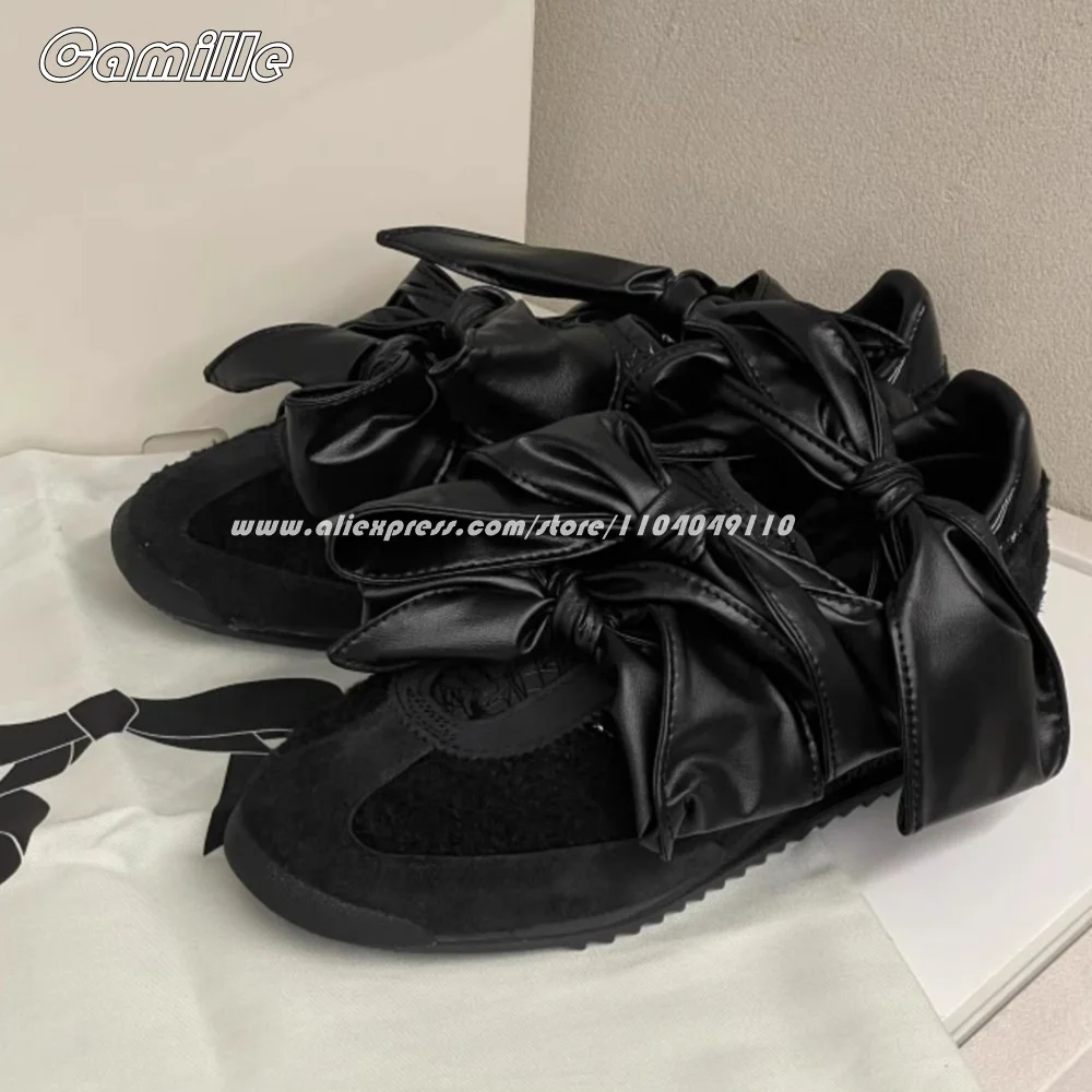 Retro Mixed Color Bow Knot Suede Flat Vulcanized Shoes Round Toe Silk Casual Lady Shoes Autumn New Size 36-40 Training Shoes 2