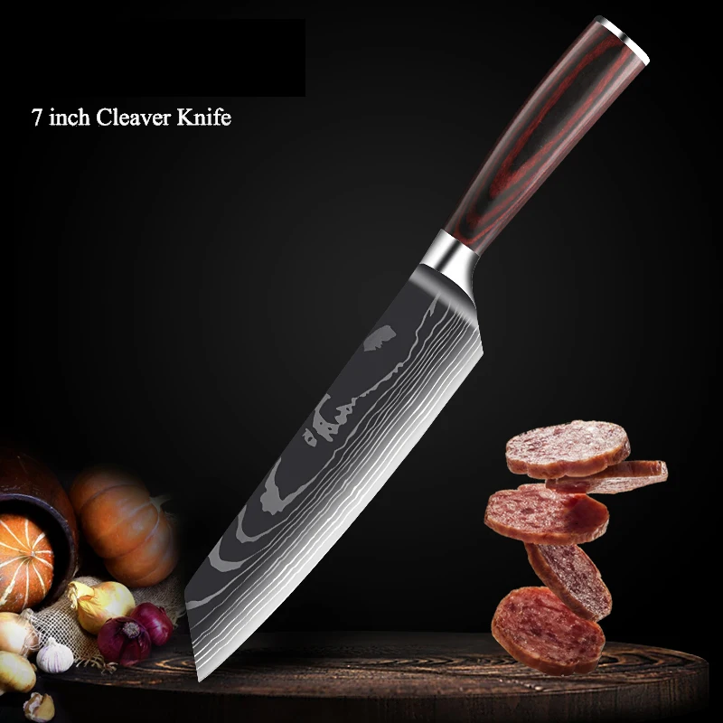 Chef Knife Set 7CR17MOV Stainless Steel Laser Damascus Pattern Japanese Kitchen Cleaver Utility Slicing Santoku Knife with Cover 