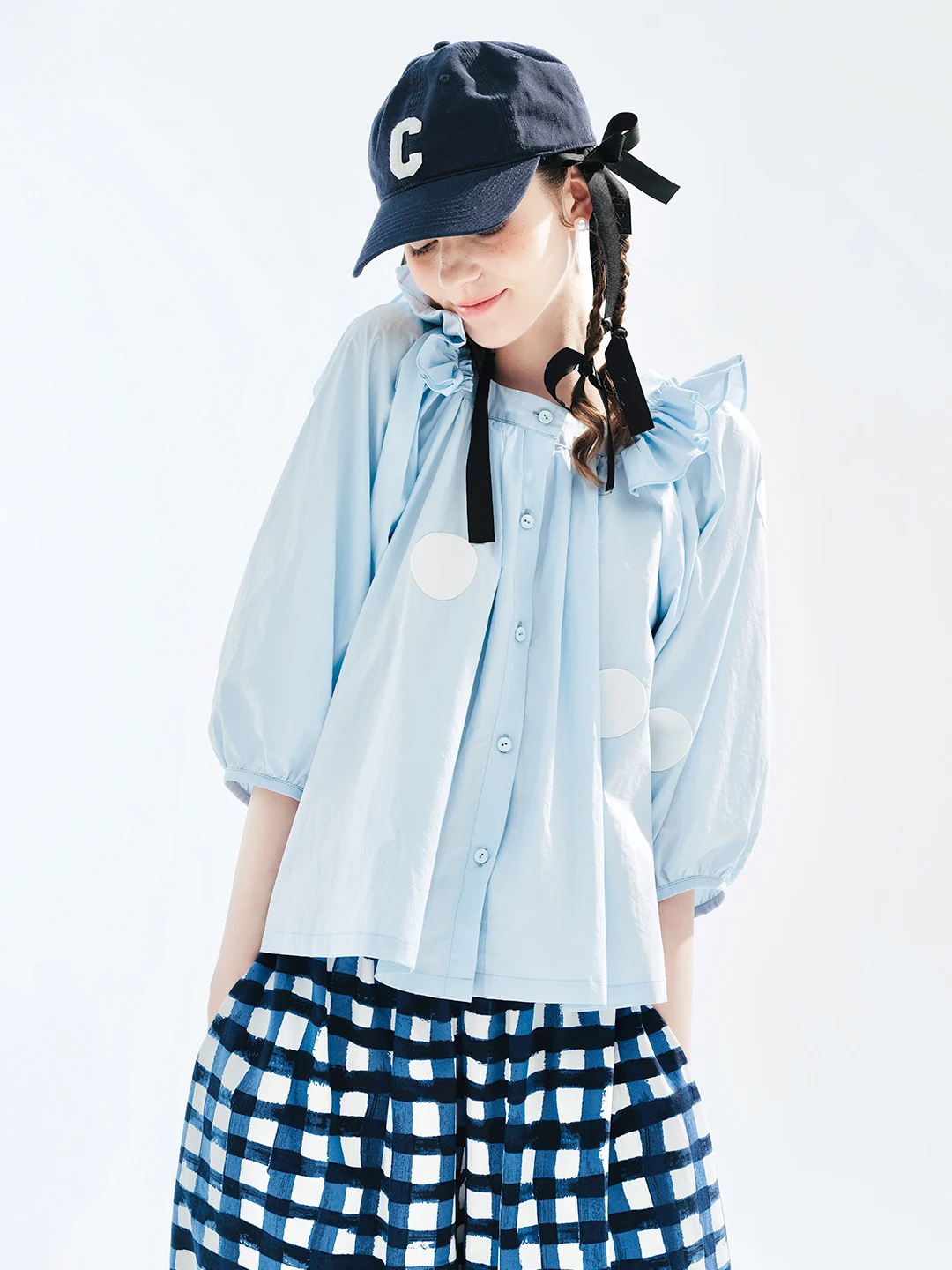 IMAKOKONI Original Design Blue Cardigan Pure Cotton Shirt Polka Dot Long Sleeve Casual Sweet Loose Top Summer 234099 смеситель grohe blue pure 30387000 для кухни