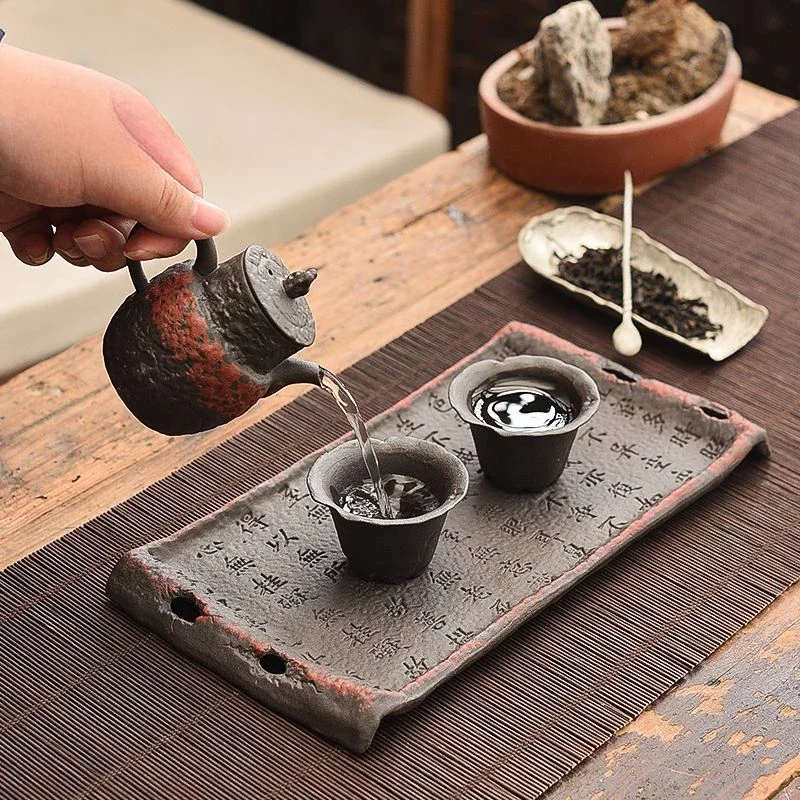 Vintage Coarse Clay Tea Tray - Aged Rock Mud Ceramic Tabletop Dry Brewing Board, Rectangular Kungfu Tea Set with Non-Slip Base