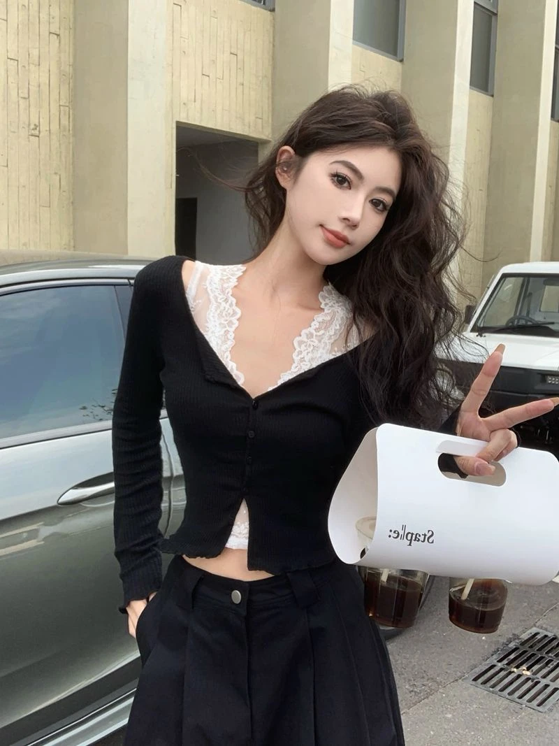 Black cardigan + lace vest