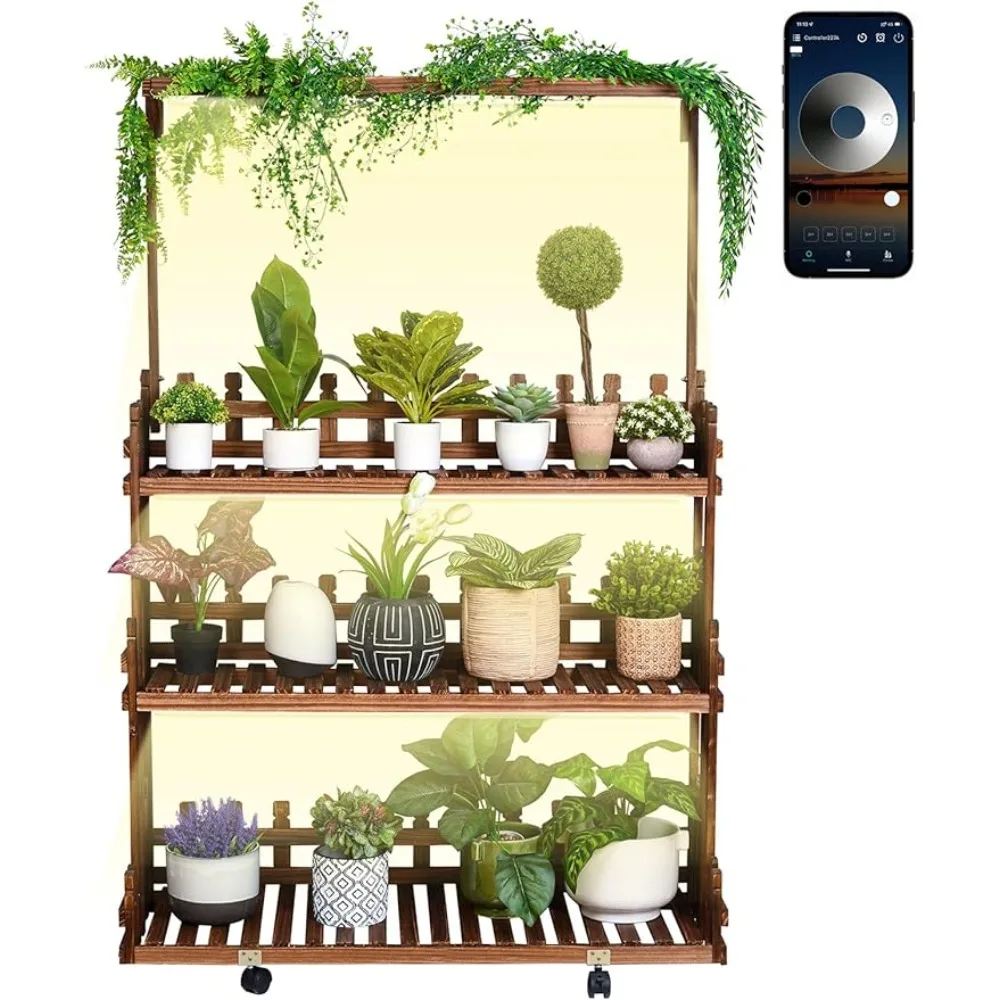 

Hanging Plant Stand Indoor With Grow Lights Wood Plant Shelves with Bar Large Multiple Flower Pot Holder Rack