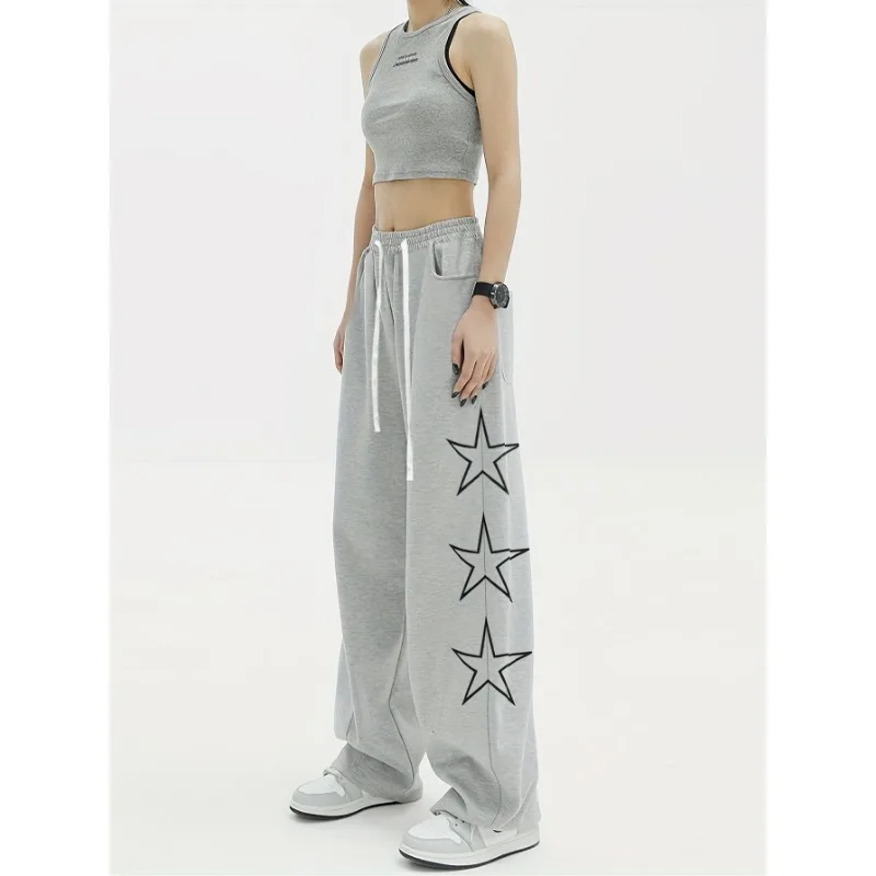 QWEEK Star Print Drawstring Straight Sweatpants Women Gray Casual Elastic High Waist Jogger Pants Korean Fashion Kpop Trousers