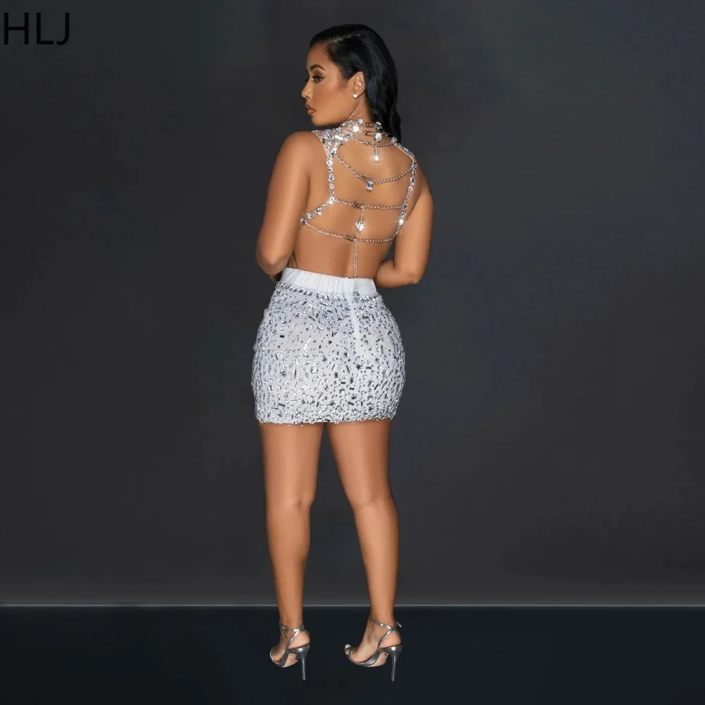 HLJ Fashion Luxury Rhinestones Backless Hollow Two Piece Sets Women Round Neck Sleeveless Crop Top And Skirts Party Club Outfits
