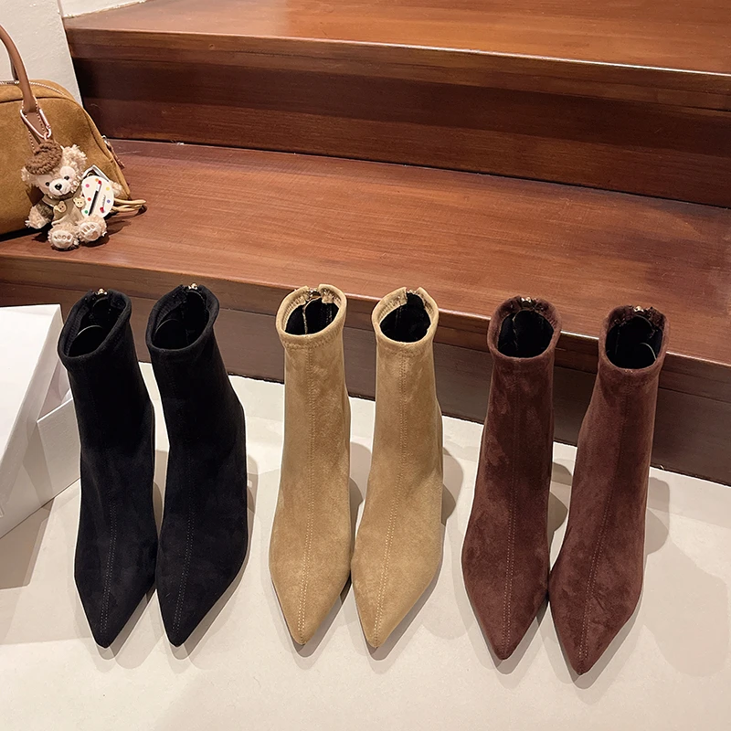 Aphixta 7cm Thin Heels Woman Ankle Boots Back Zipper Pointed Toe Woman Autumn Winter Shoes High Heels Modern Boots Big Size 42